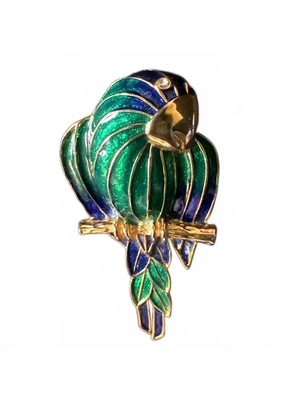 Blue & Green Enamel Parrot on Gold Perch Brooch w/ Rhinestone Eye